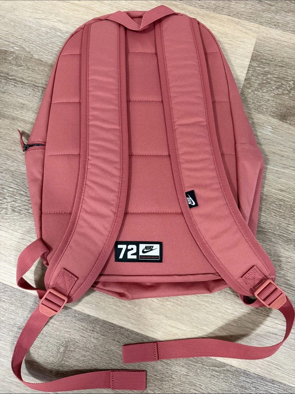 Nike Rose Pink Backpack with Dark Brown Front Pocket and White Logo